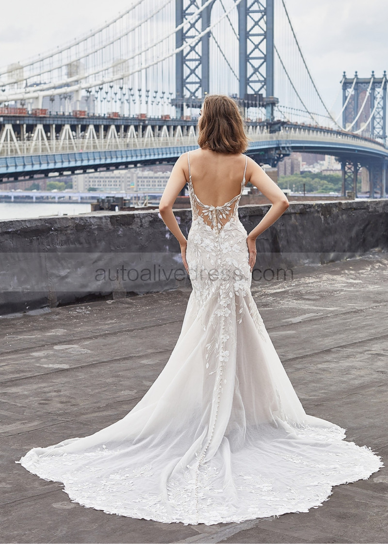 Mermaid Beaded Ivory Floral Lace Tulle Open Back Wedding Dress Mermaid Beaded Ivory Floral Lace Tulle Open Back Wedding Dress