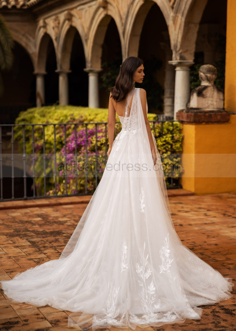 A-line One Shoulder Beaded Ivory Lace Tulle Sparkly Wedding Dress