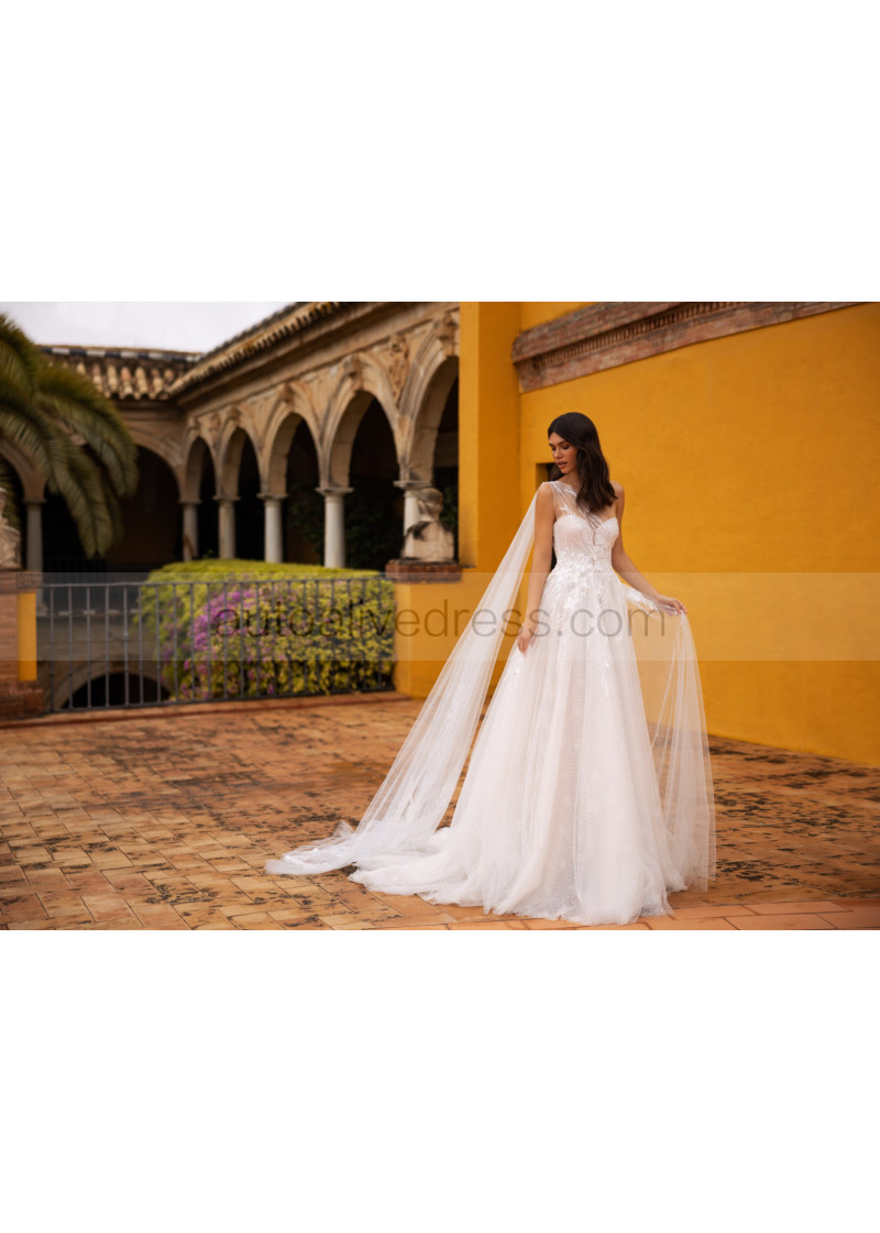 A-line One Shoulder Beaded Ivory Lace Tulle Sparkly Wedding Dress A-line One Shoulder Beaded Ivory Lace Tulle Sparkly Wedding Dress