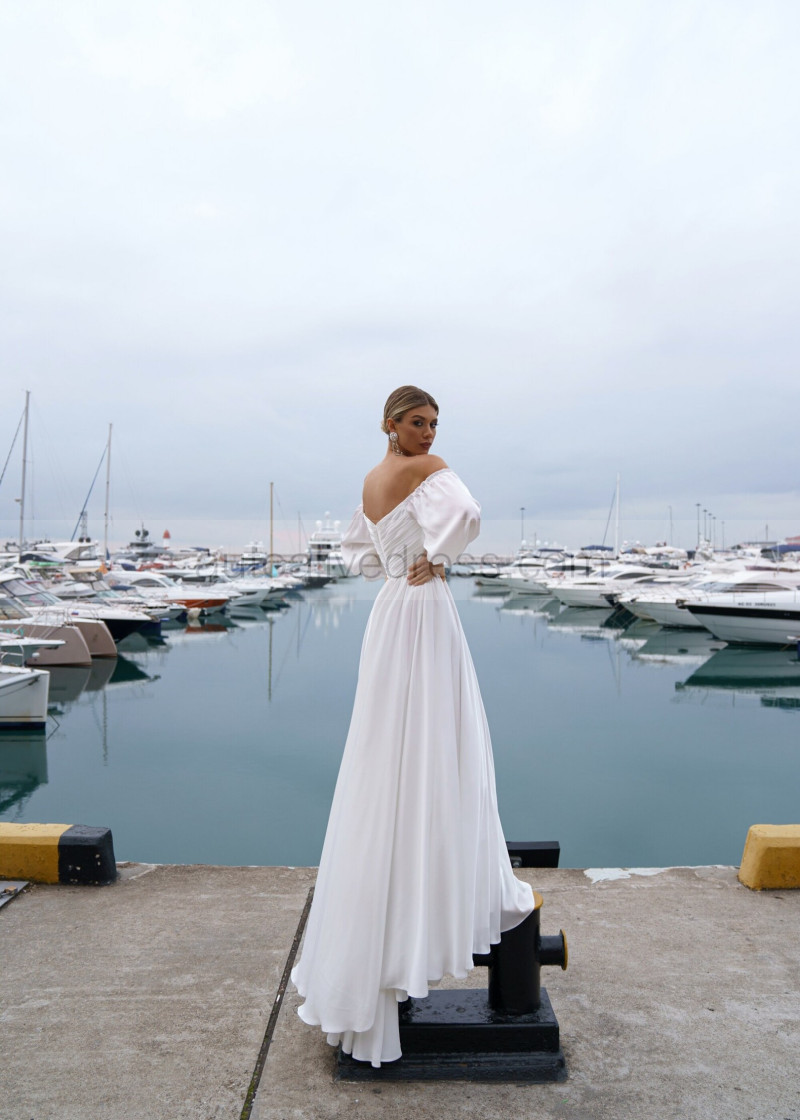A-line Off Shoulder White Pleated Chiffon Bohemian Beach Wedding Dress