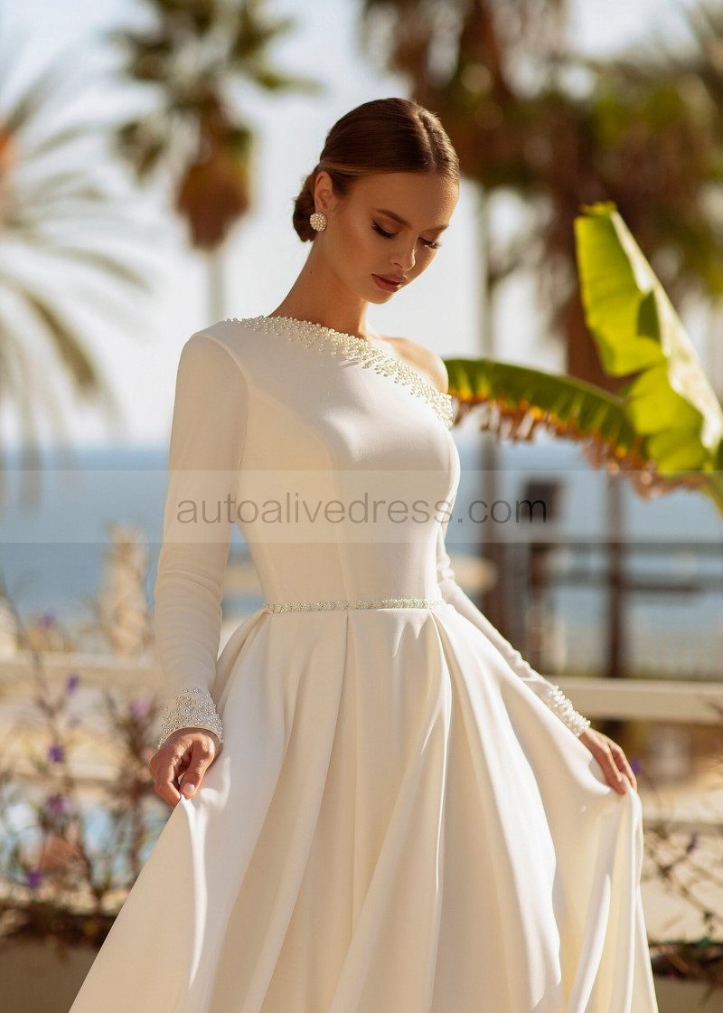 A-line Long Sleeves Pearl Beaded Ivory Satin Modest Wedding Dress A-line Long Sleeves Pearl Beaded Ivory Satin Modest Wedding Dress
