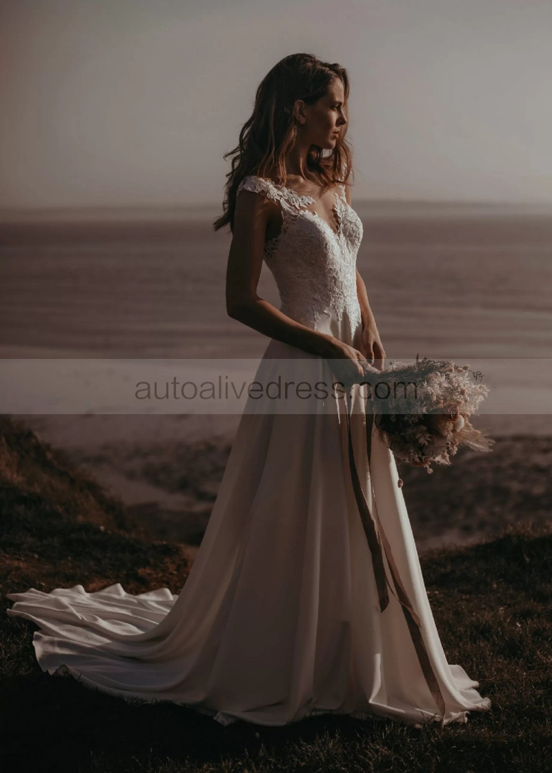 A-line Cap Sleeves Ivory Lace Chiffon Boho Beach Wedding Dress