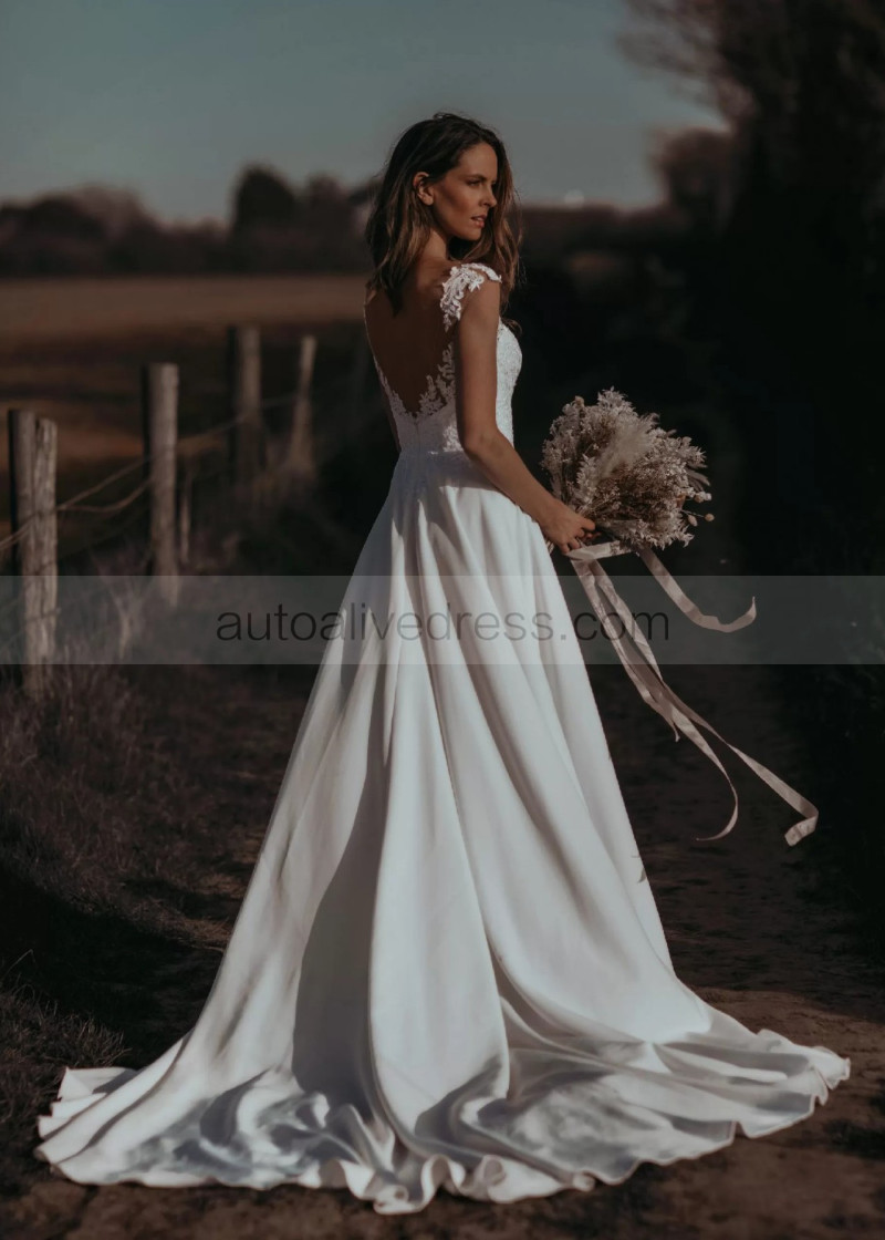 A-line Cap Sleeves Ivory Lace Chiffon Boho Beach Wedding Dress