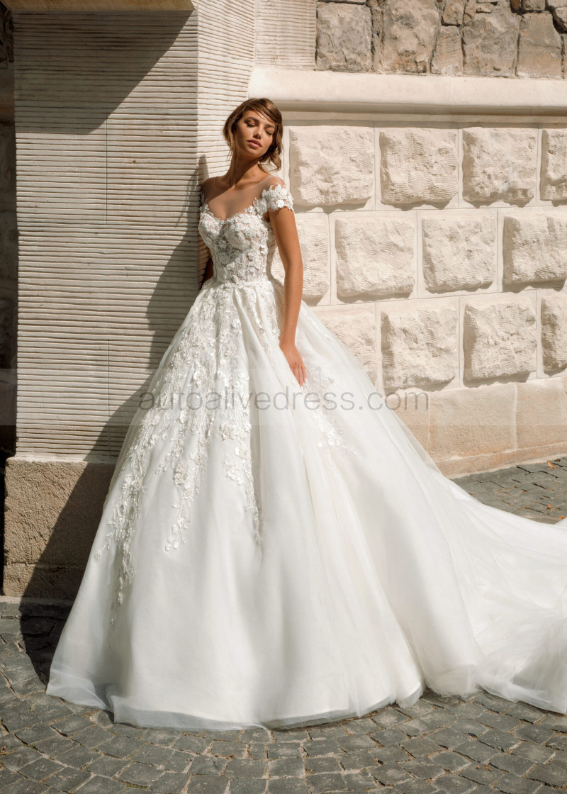 Ball Gown Cap Sleeves Beaded Ivory Lace Tulle Fairy Wedding Dress