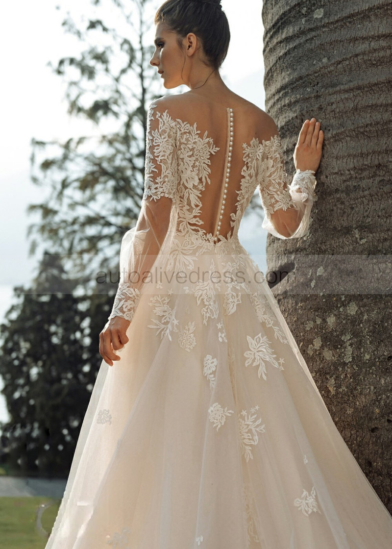 A-line Long Sleeves Ivory Lace Tulle Pearl Buttons Back Wedding Dress A-line Long Sleeves Ivory Lace Tulle Pearl Buttons Back Wedding Dress