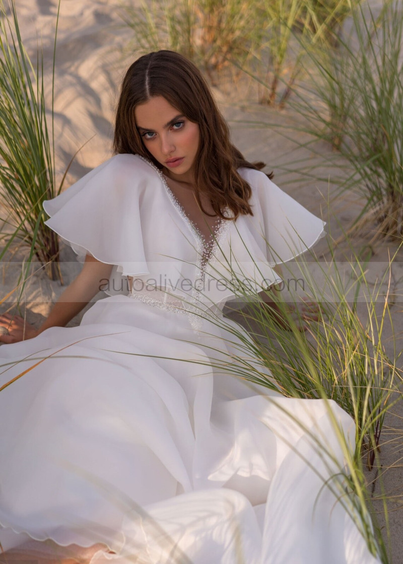 beaded flutter sleeve wedding dress T162067 V-neck Beaded Netting Wedding Dress with Flutter Sleeves