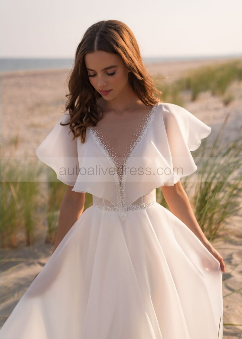 Flutter Sleeves Beaded Ivory Organza Chic Wedding Dress Flutter Sleeves Beaded Ivory Organza Chic Wedding Dress