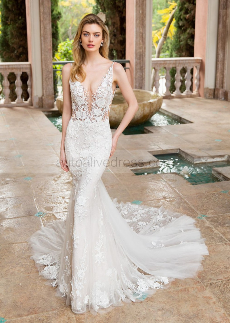Mermaid Ivory Embroidered Floral Lace Tulle Sexy Shimmering Wedding Dress Mermaid Ivory Embroidered Floral Lace Tulle Sexy Shimmering Wedding Dress
