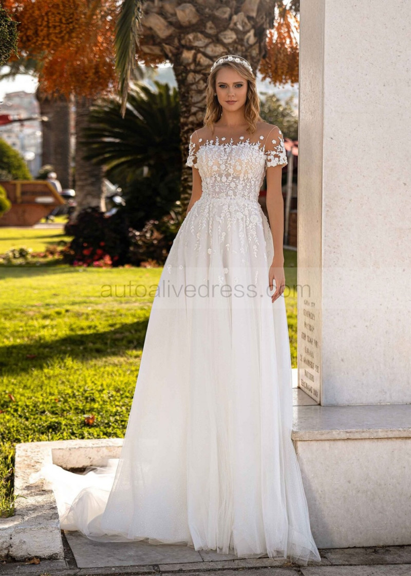 A-line Short Sleeves Beaded Ivory Lace Tulle Romantic Wedding Dress A-line Short Sleeves Beaded Ivory Lace Tulle Romantic Wedding Dress
