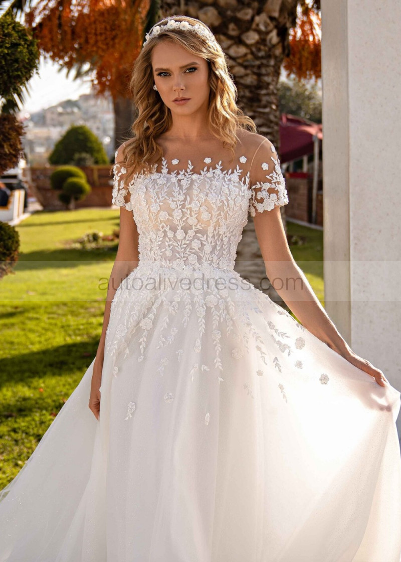 A-line Short Sleeves Beaded Ivory Lace Tulle Romantic Wedding Dress A-line Short Sleeves Beaded Ivory Lace Tulle Romantic Wedding Dress