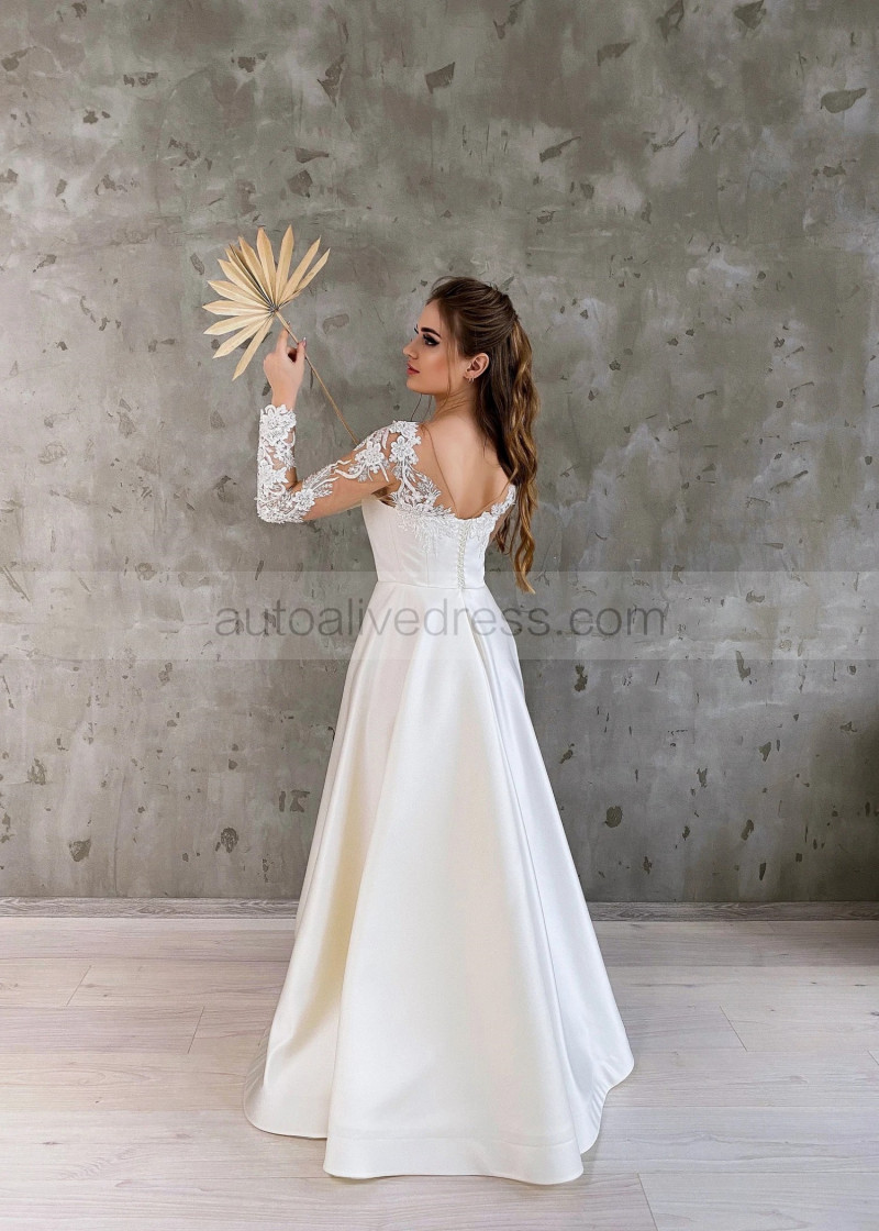 A-line Long Sleeves Beaded Ivory Lace Satin High Slit Wedding Dress A-line Long Sleeves Beaded Ivory Lace Satin High Slit Wedding Dress