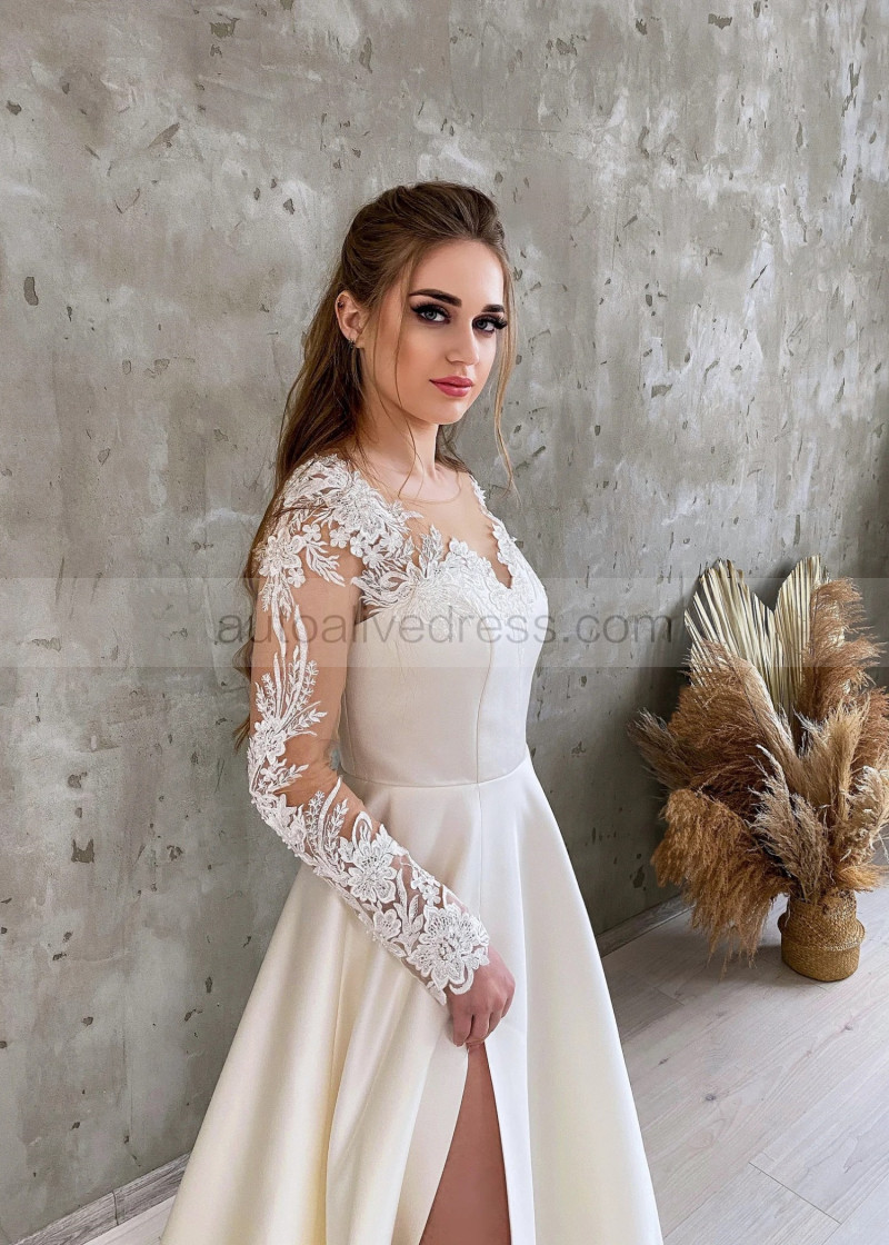 A-line Long Sleeves Beaded Ivory Lace Satin High Slit Wedding Dress A-line Long Sleeves Beaded Ivory Lace Satin High Slit Wedding Dress