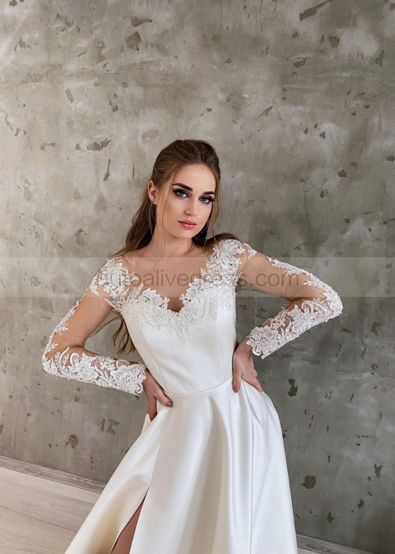 A-line Long Sleeves Beaded Ivory Lace Satin High Slit Wedding Dress A-line Long Sleeves Beaded Ivory Lace Satin High Slit Wedding Dress