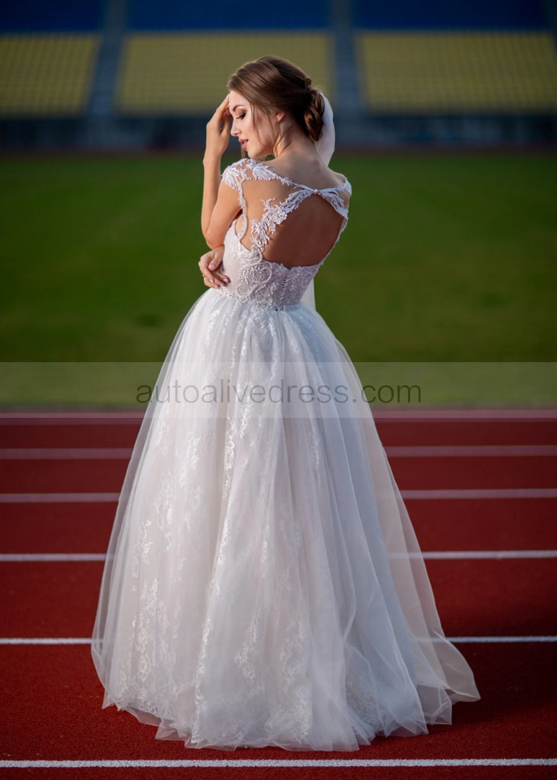 Boat Neck Ivory Lace Tulle Keyhole Back Outdoor Wedding Dress
