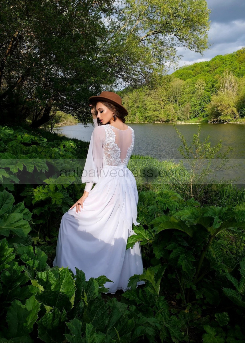 A-line Beaded White Lace Chiffon Slit Simple Flowy Wedding Dress A-line Beaded White Lace Chiffon Slit Simple Flowy Wedding Dress
