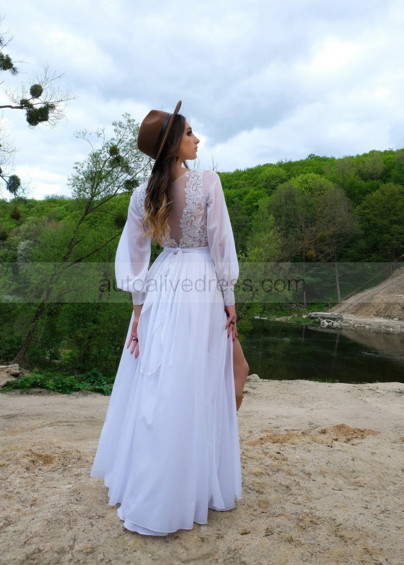 A-line Beaded White Lace Chiffon Slit Simple Flowy Wedding Dress A-line Beaded White Lace Chiffon Slit Simple Flowy Wedding Dress