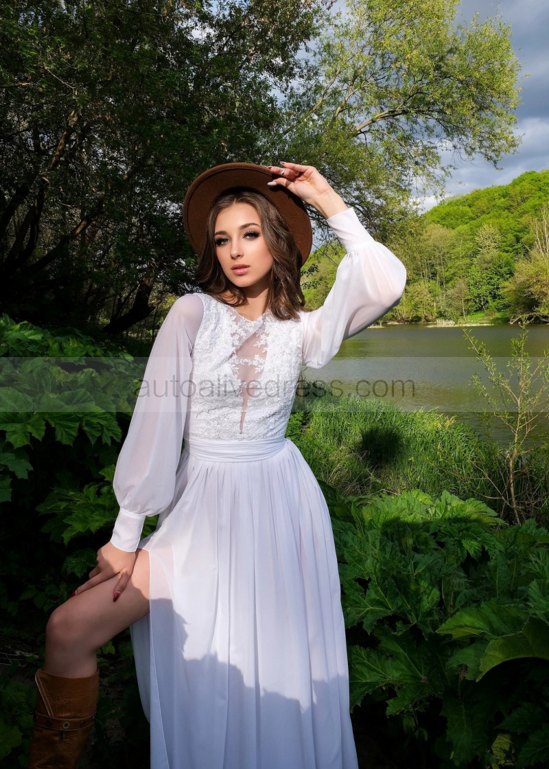 A-line Beaded White Lace Chiffon Slit Simple Flowy Wedding Dress