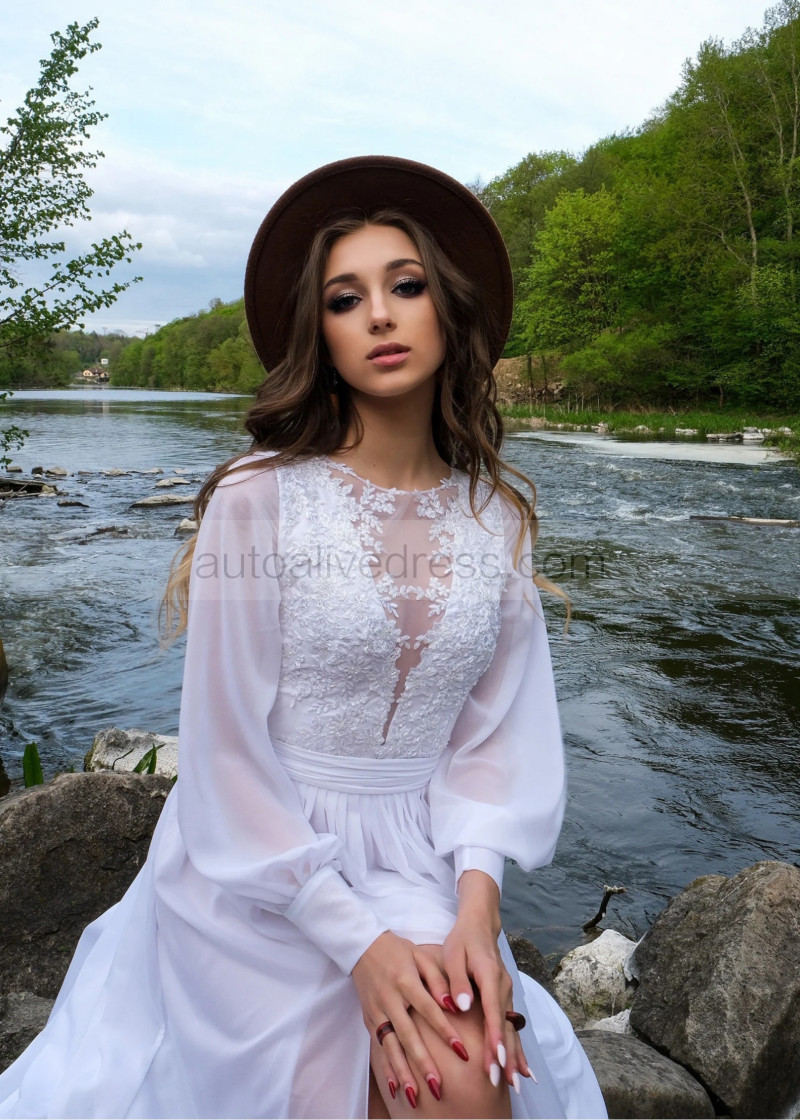 A-line Beaded White Lace Chiffon Slit Simple Flowy Wedding Dress A-line Beaded White Lace Chiffon Slit Simple Flowy Wedding Dress