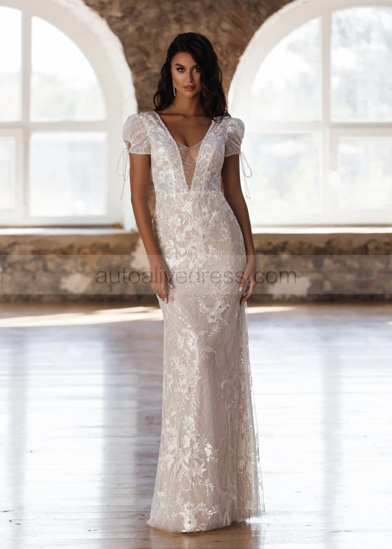 Mermaid Short Sleeves Beaded Lace Tulle Sparkly Wedding Dress Mermaid Short Sleeves Beaded Lace Tulle Sparkly Wedding Dress