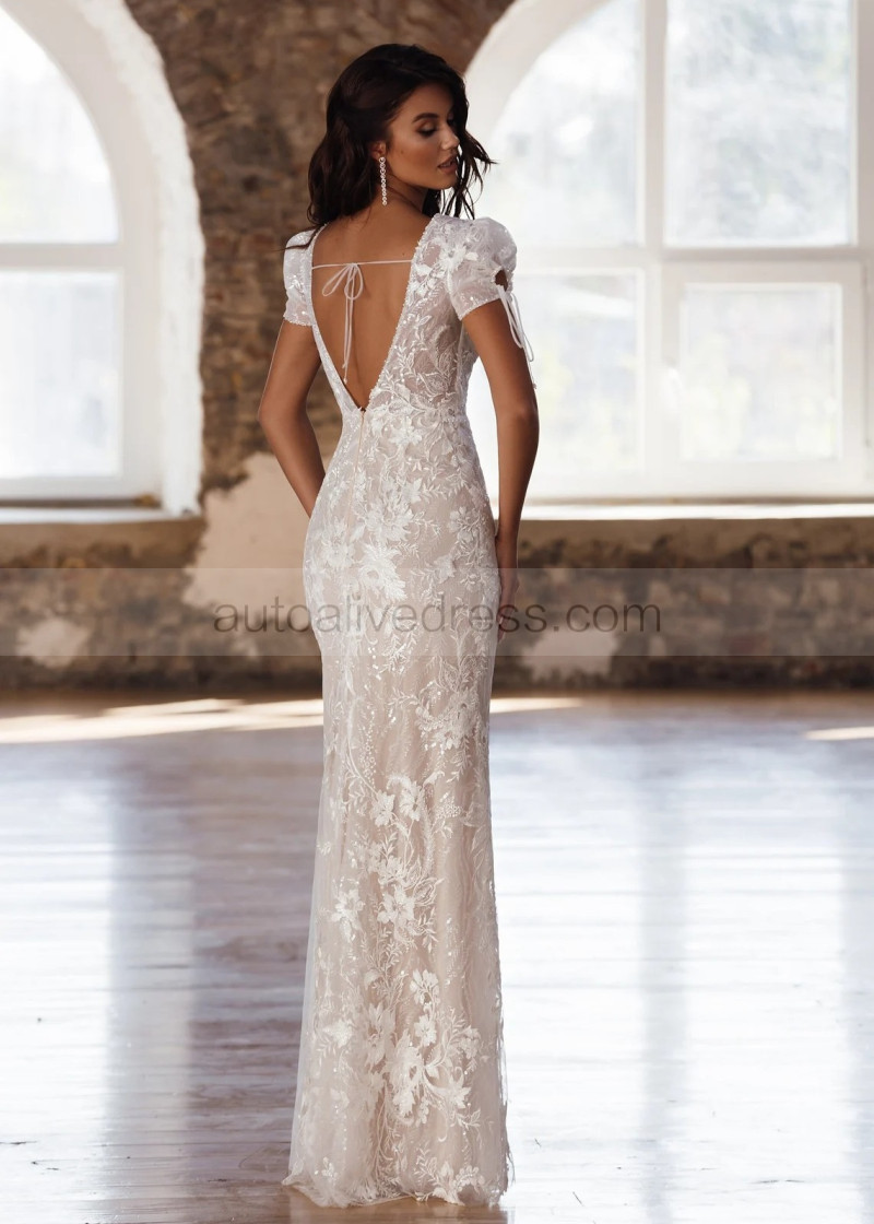 short sleeve beaded wedding dress Sweetheart Short Sleeves Beaded Lace Short Wedding Dress QW2371 US10 / Ivory