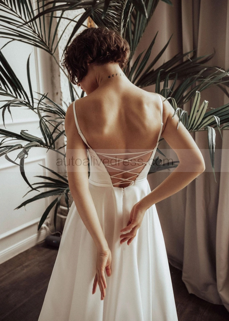 princess polly baby blue dress A-line Spaghetti Straps Ivory Satin Corset Back Wedding Dress