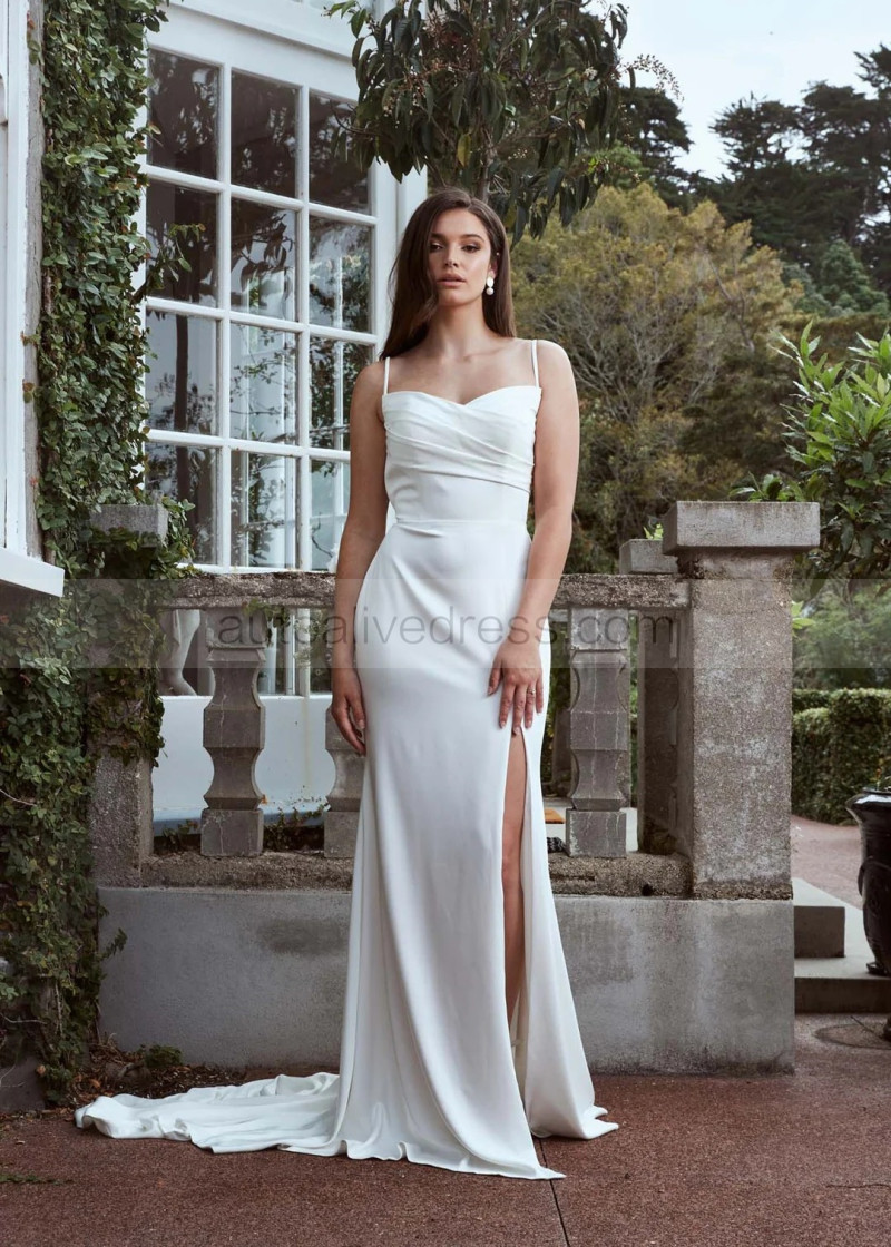 Mermaid Ivory Satin Cowl Back High Slit Simple Wedding Dress Mermaid Ivory Satin Cowl Back High Slit Simple Wedding Dress