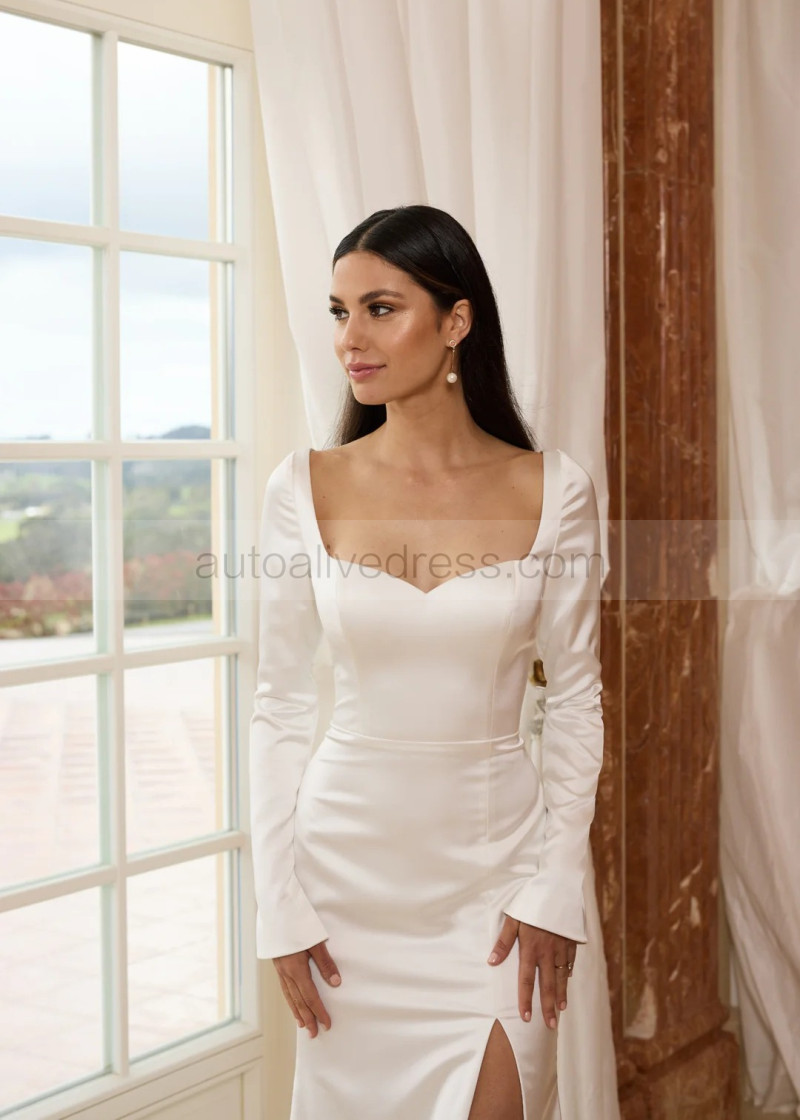 Mermaid Long Sleeves Ivory Satin Tie Back Slit Modern Wedding Dress