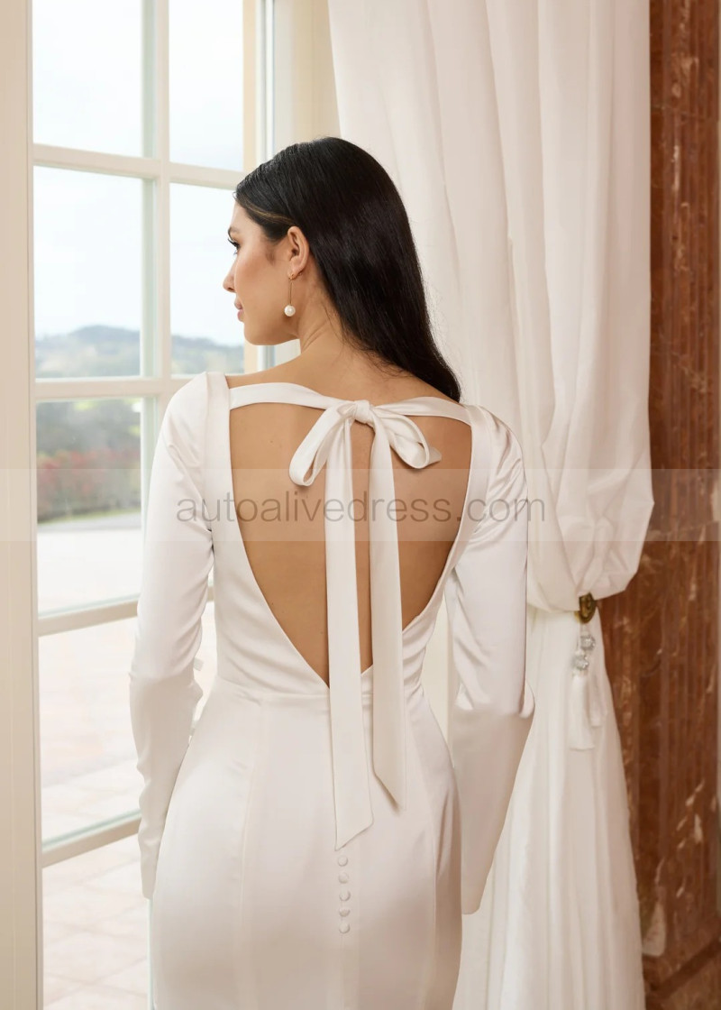 Mermaid Long Sleeves Ivory Satin Tie Back Slit Modern Wedding Dress