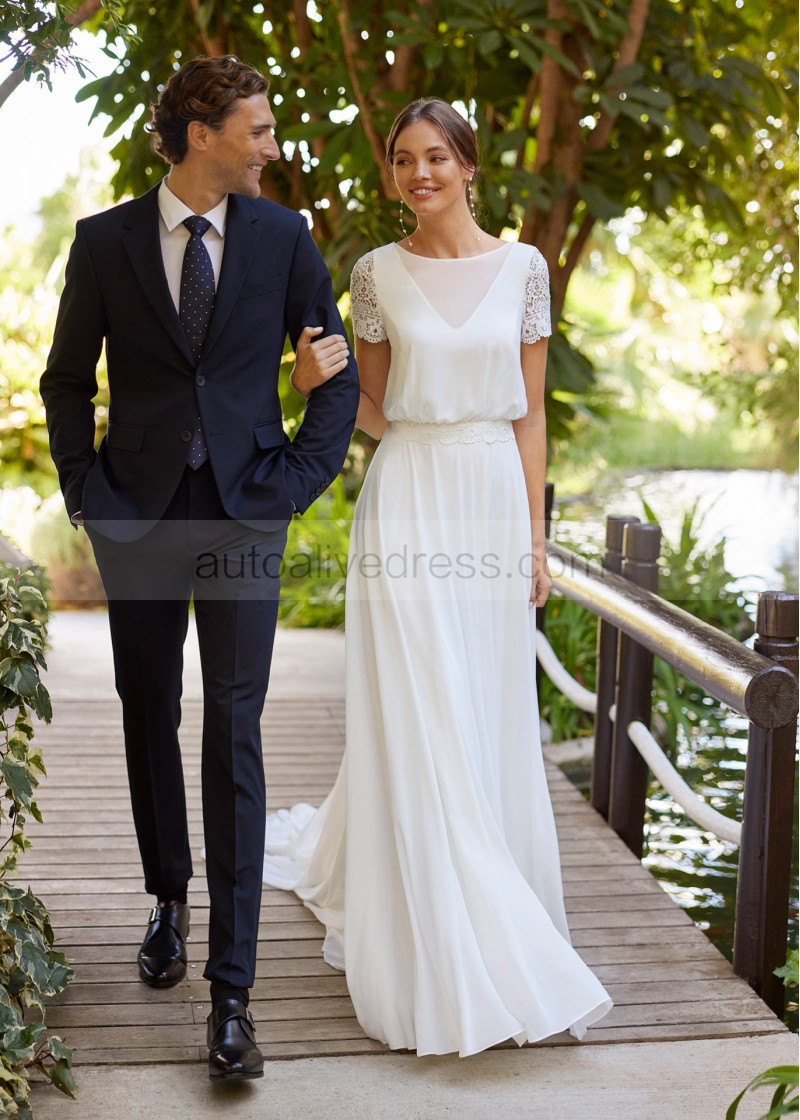 A-line Short Sleeves Ivory Lace Chiffon Wedding Dress With Detachable Train