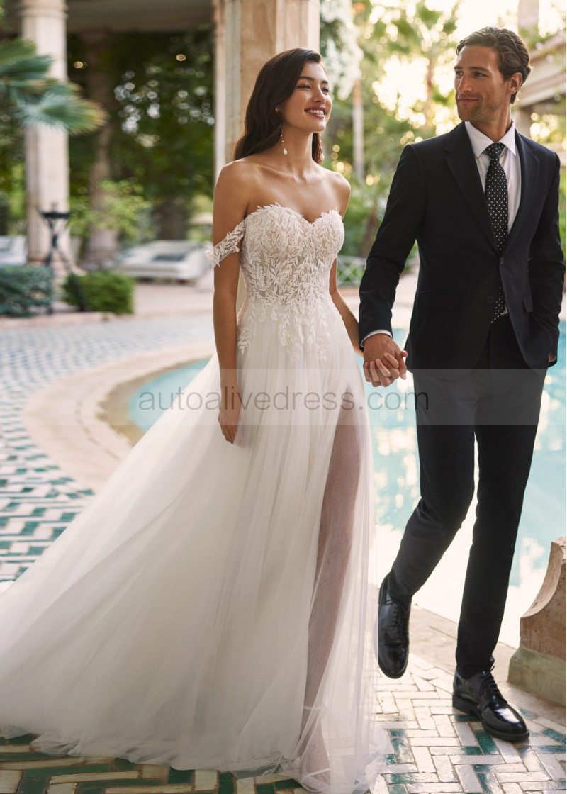 A-line Off Shoulder Beaded Ivory Lace Tulle Gorgeous Wedding Dress