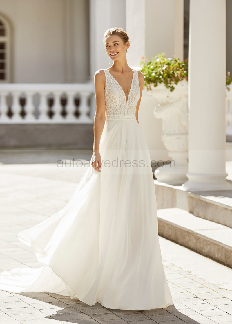 Ivory Lace Chiffon Chic Flowing Wedding Dress