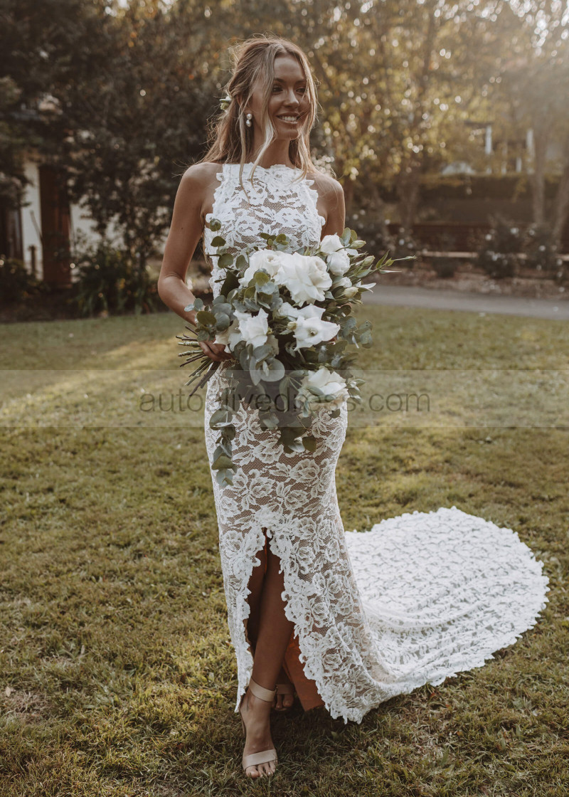 Mermaid High Neck Ivory Lace Slit Floral Wedding Dress