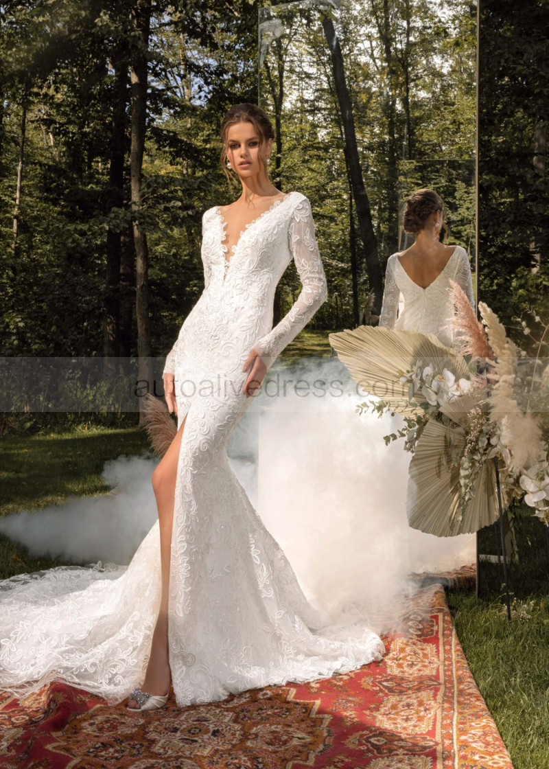 Boat Neck Ivory Lace Tulle Slit Anniversary Wedding Dress Boat Neck Ivory Lace Tulle Slit Anniversary Wedding Dress