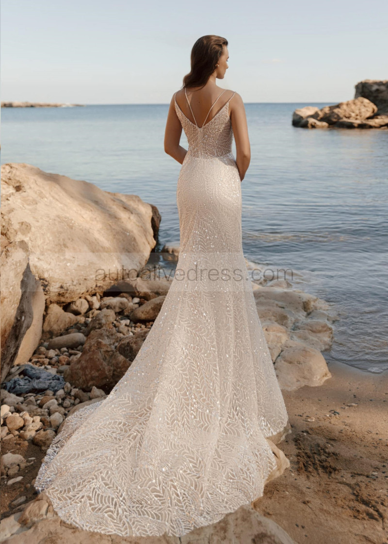 Mermaid V Neck Ivory Glitter Lace Luxurious Wedding Dress