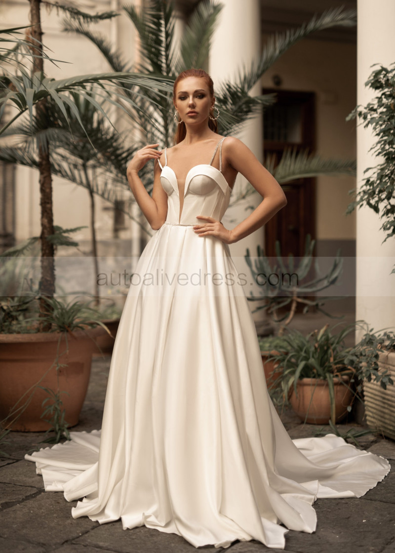 A-line Beaded Straps Ivory Satin Wedding Dress With Pockets A-line Beaded Straps Ivory Satin Wedding Dress With Pockets