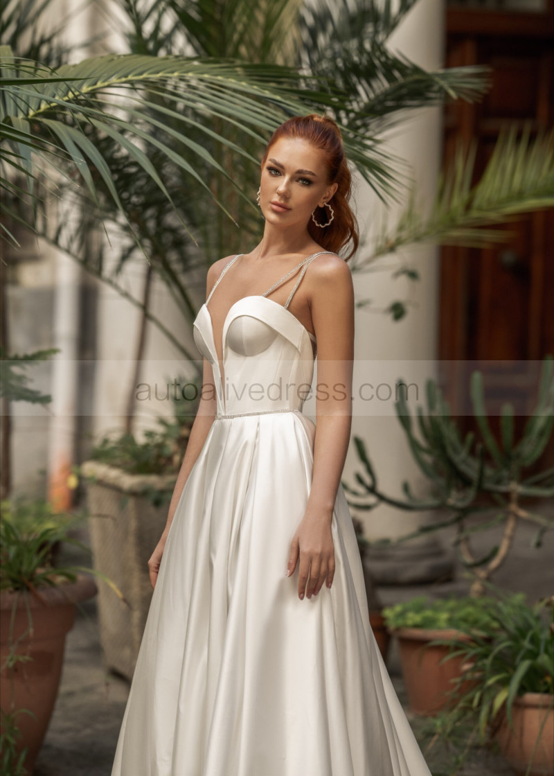 A-line Beaded Straps Ivory Satin Wedding Dress With Pockets