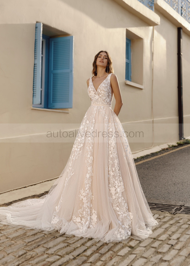 A-line V Neck Ivory Lace Tulle Glitter Wedding Dress A-line V Neck Ivory Lace Tulle Glitter Wedding Dress