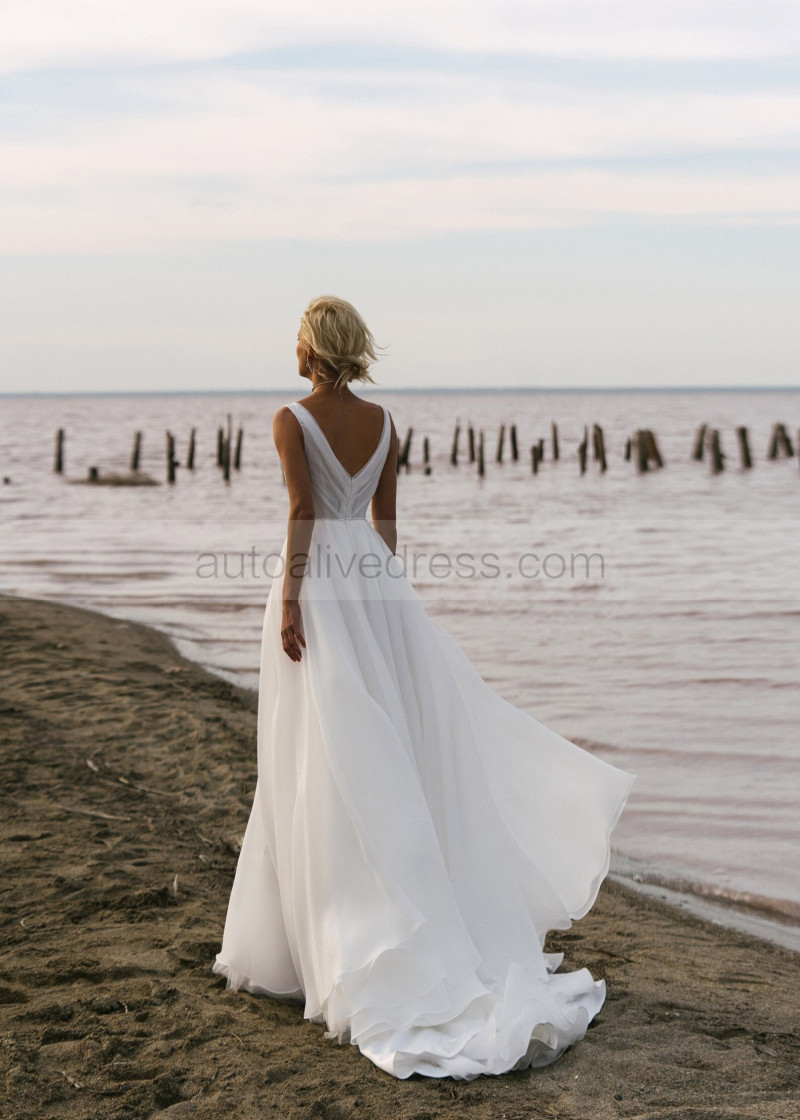 A-line V Neck White Organza Slit Sexy Beach Wedding Dress
