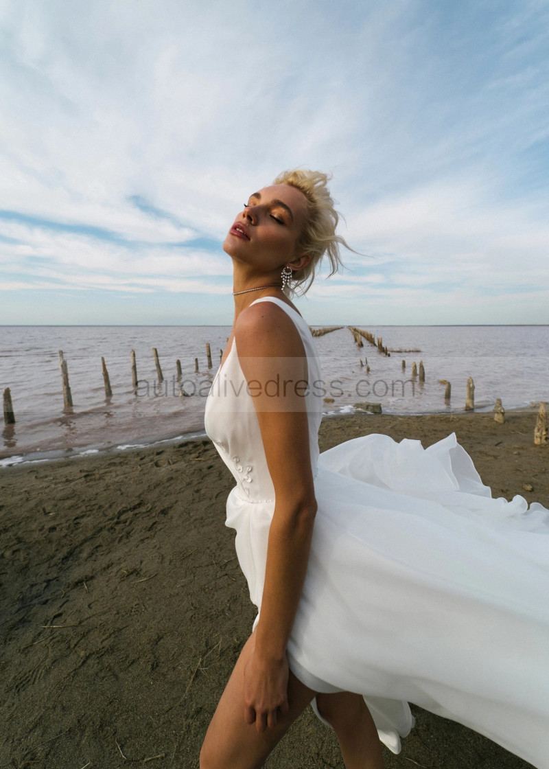 A-line V Neck White Organza Slit Sexy Beach Wedding Dress