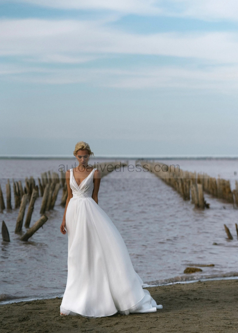 A-line V Neck White Organza Slit Sexy Beach Wedding Dress A-line V Neck White Organza Slit Sexy Beach Wedding Dress