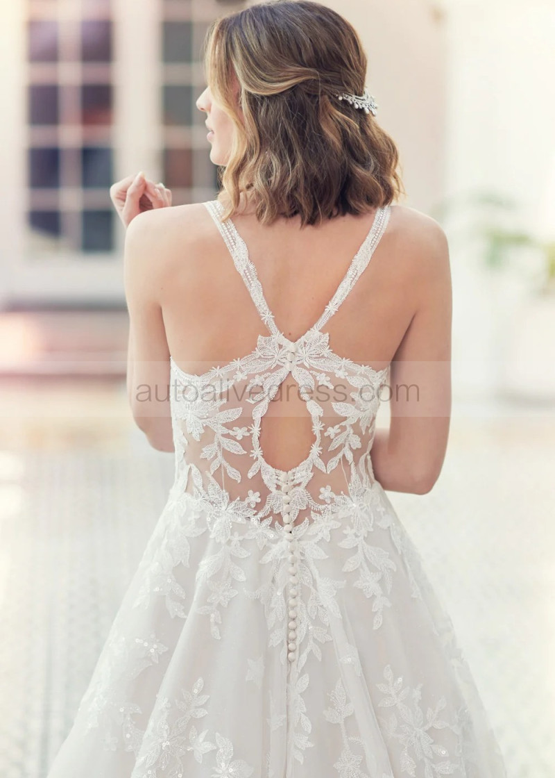 A-line Ivory Lace Tulle Keyhole Back Glitter Wedding Dress