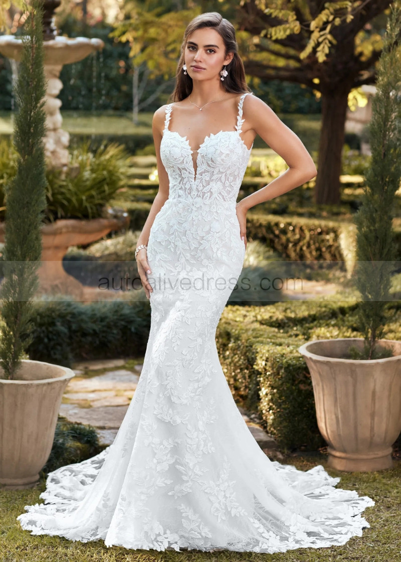 Mermaid Ivory Delicate Lace Tulle Open Back Luxury Wedding Dress
