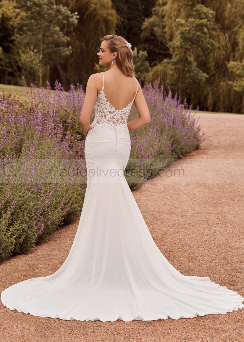 Mermaid Spaghetti Straps Beaded Ivory Lace Chiffon Ruched Wedding Dress