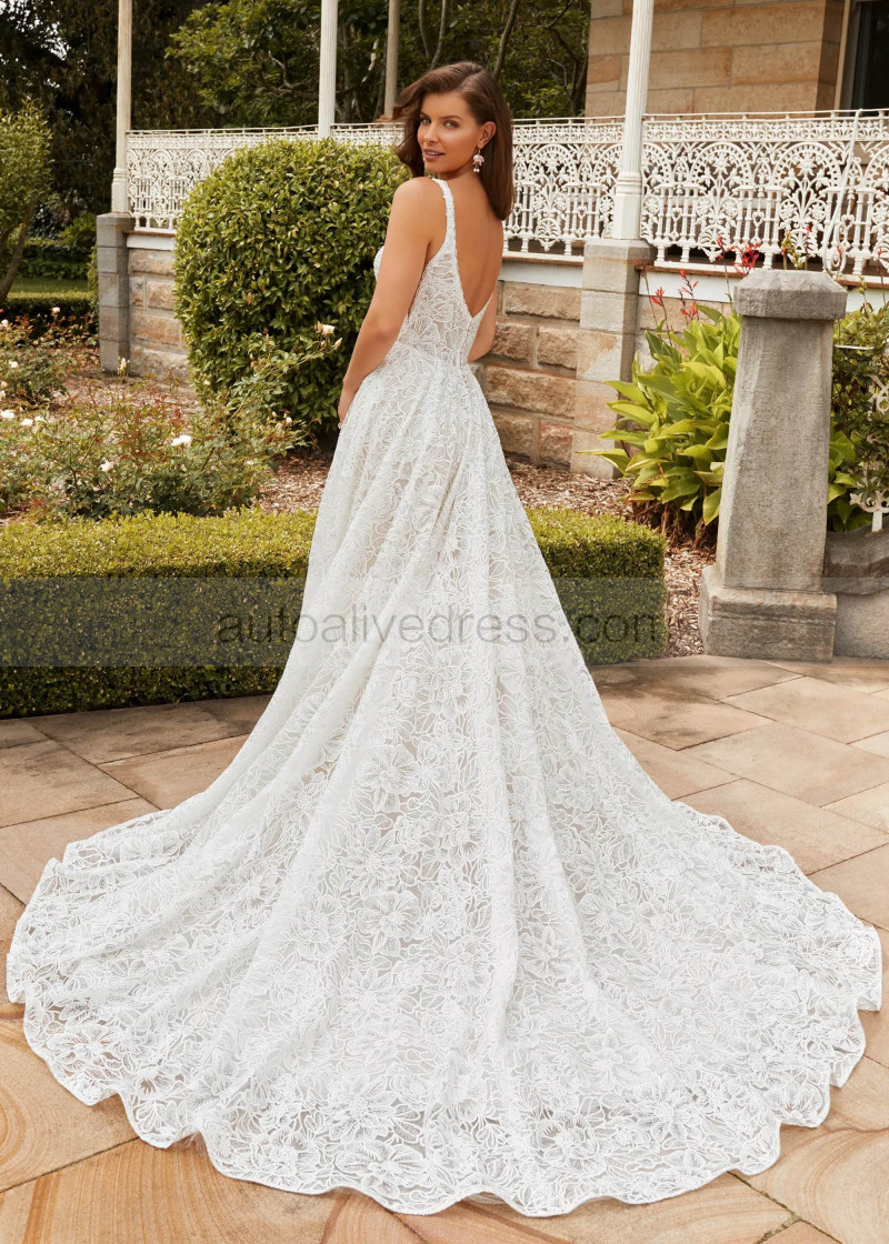 A-line Square Neck Ivory Sequined Allover Lace Dreamy Wedding Dress