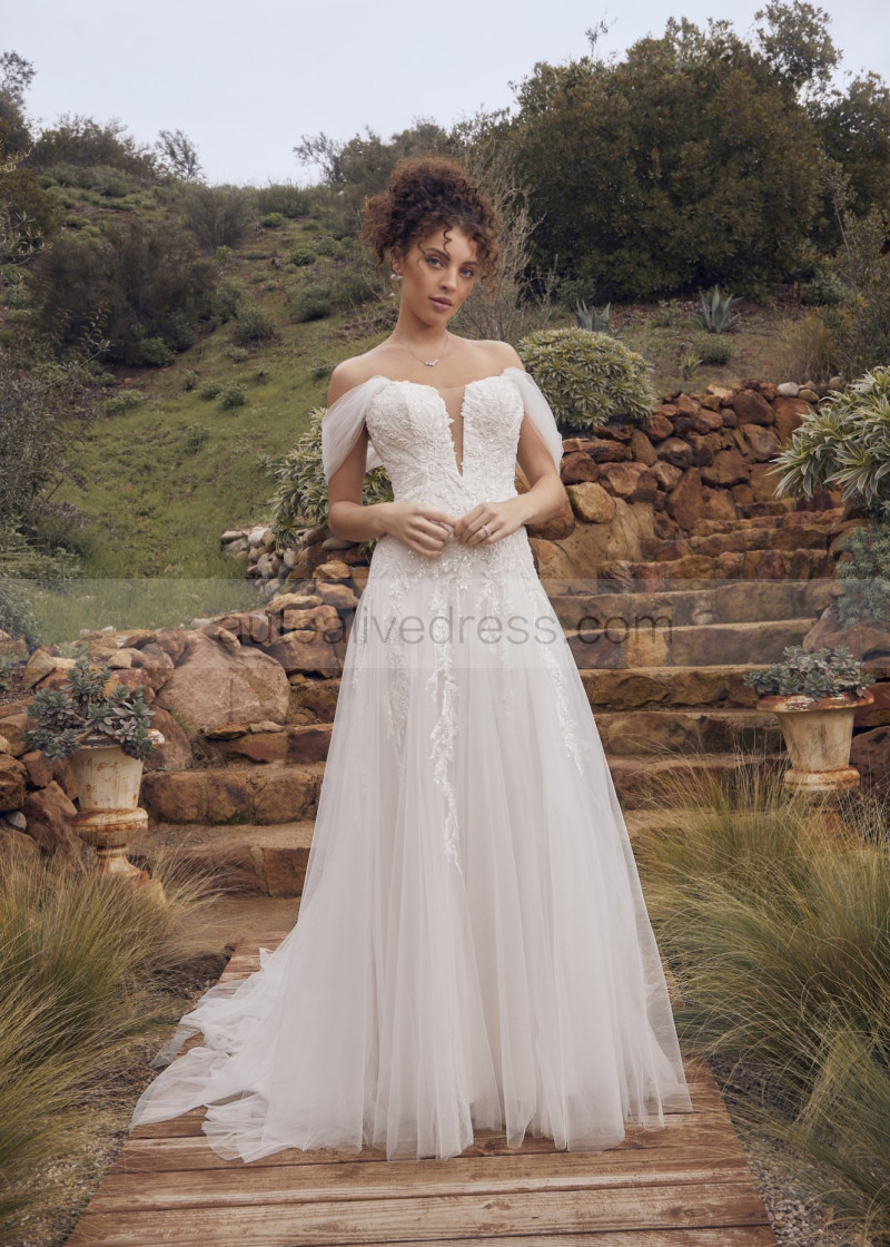 A-line Detachable Straps Beaded Ivory Lace Tulle Sparkly Wedding Dress