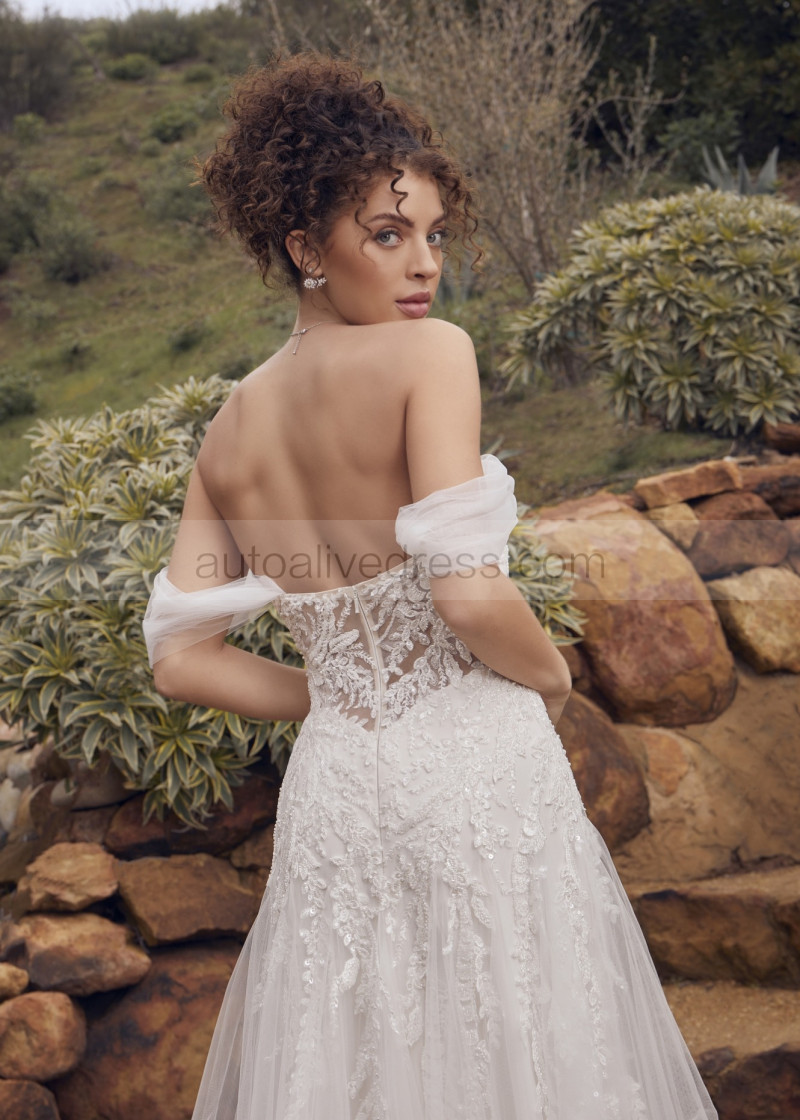 A-line Detachable Straps Beaded Ivory Lace Tulle Sparkly Wedding Dress