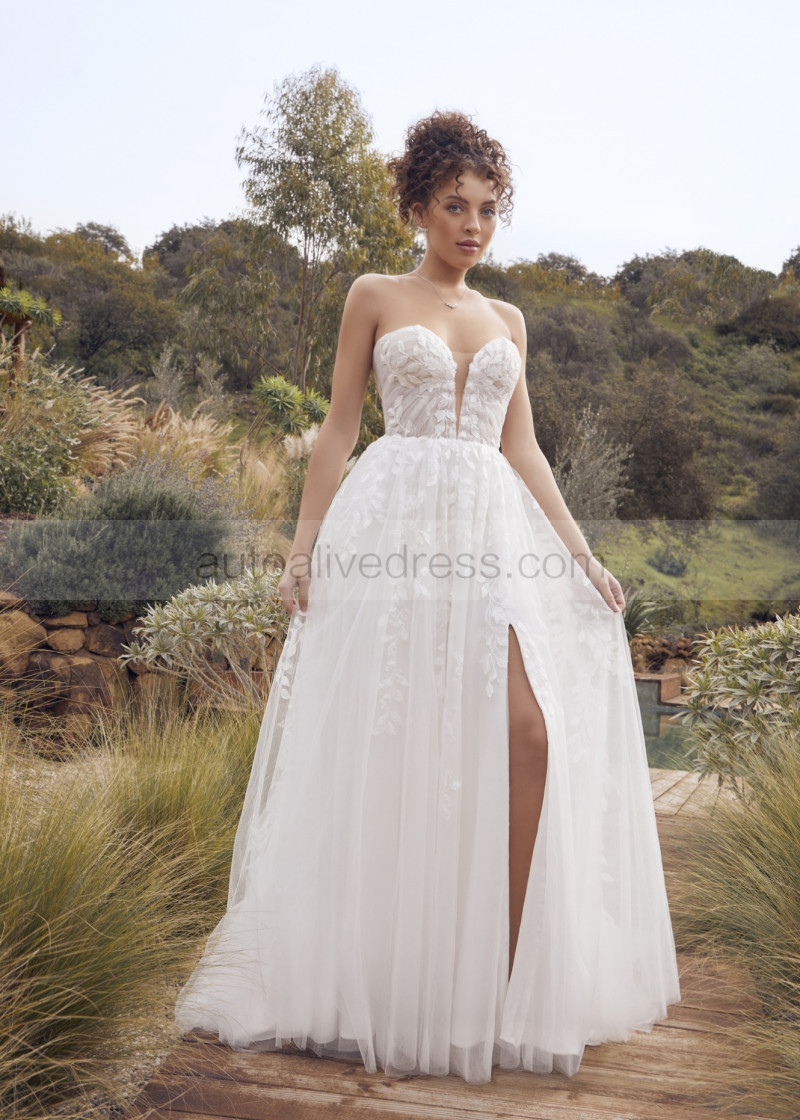 A-line Strapless Ivory Lace Tulle Slit Classic Wedding Dress A-line Strapless Ivory Lace Tulle Slit Classic Wedding Dress