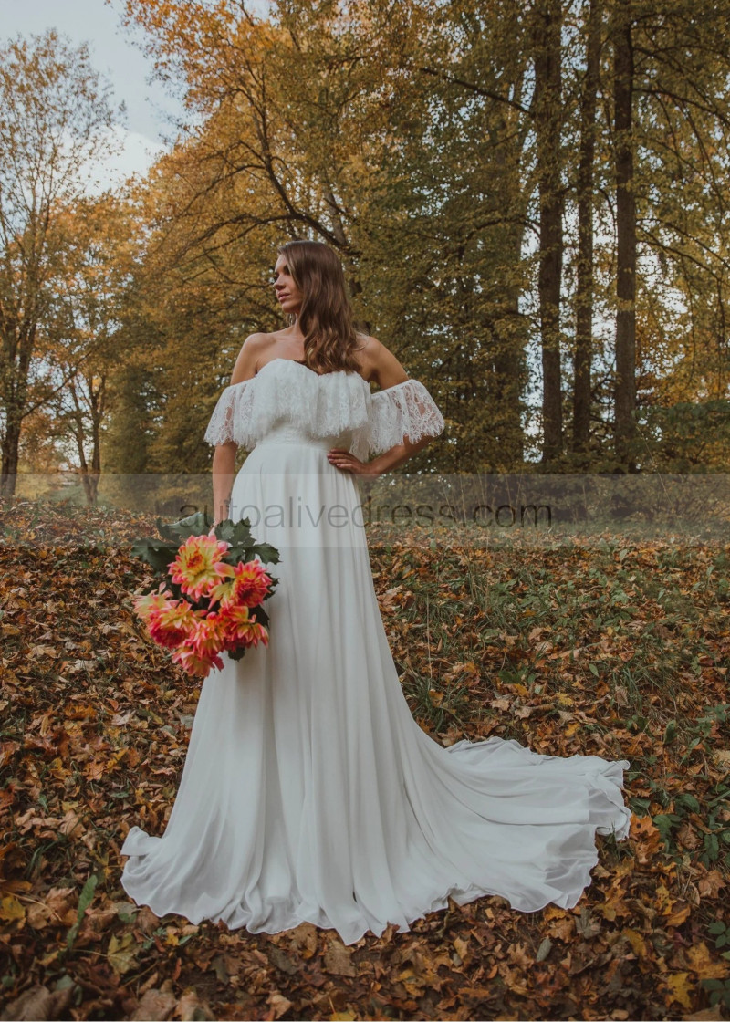 Off Shoulder Ivory Eyelash Lace Chiffon Flowing Wedding Dress Off Shoulder Ivory Eyelash Lace Chiffon Flowing Wedding Dress