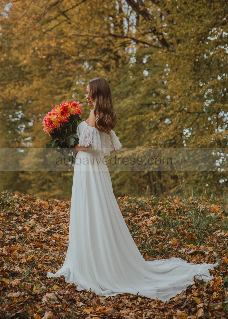A-line Off Shoulder Ivory Eyelash Lace Chiffon Flowing Wedding Dress