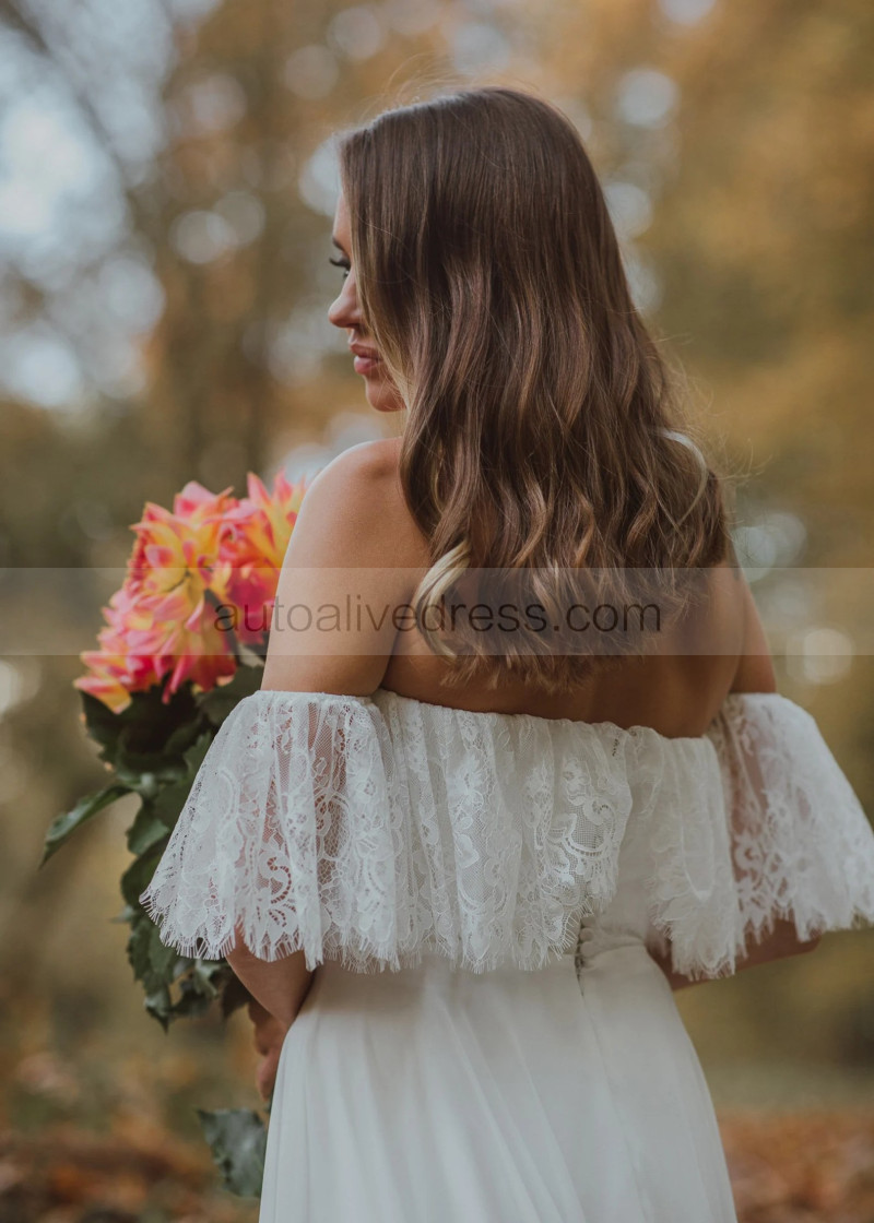 A-line Off Shoulder Ivory Eyelash Lace Chiffon Flowing Wedding Dress